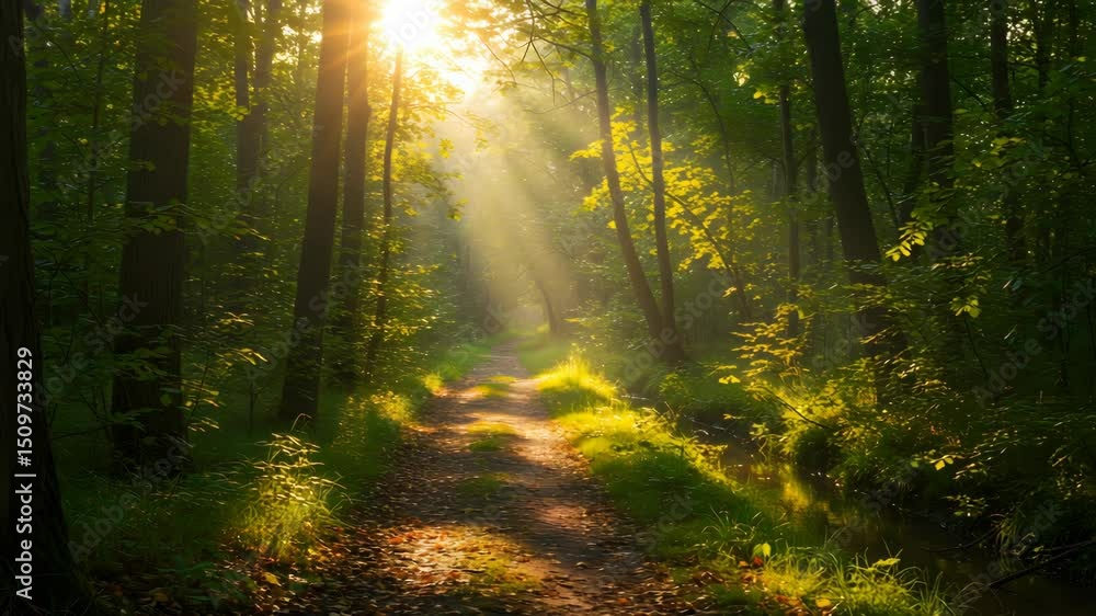 Poster sunlit forest path with green trees and sunlight rays creating a warm peaceful atmosphere