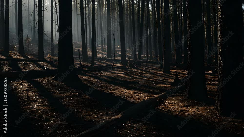 Poster sunlit forest scene with sunlight filtering through trees creating a serene and peaceful atmosphere