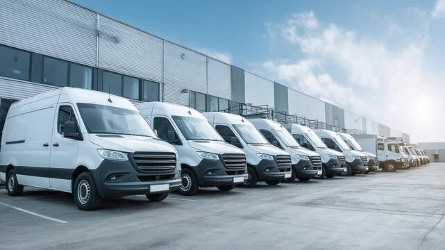 Fleet of Delivery Vans at Distribution Center: A well-organized fleet of modern delivery vans is parked in front of a large warehouse. The vans, pristine and ready, represent efficiency and logistics.