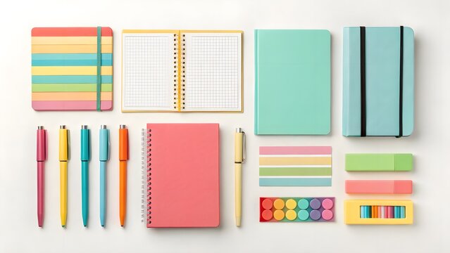 Vibrant flat lay of assorted stationery on a clean background, showcasing organized creativity and modern design aesthetics. - Powered by Adobe