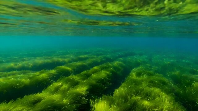 Underwater Scene Of Green Seagrass With Sunlit Reflections In Blue Water