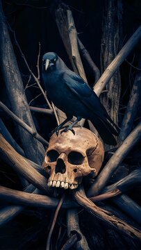 A dark image of an impenetrable forest, where in the foreground, in the interweaving of branches, lies an old skull with signs of destruction, without a lower jaw, and on the skull sits a black raven.