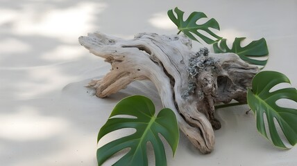 Fototapeta premium Tropical Flat Lay Featuring Driftwood and Monstera Leaves