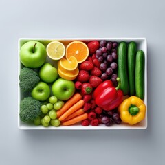 Fresh fruits and vegetables in tray on white background