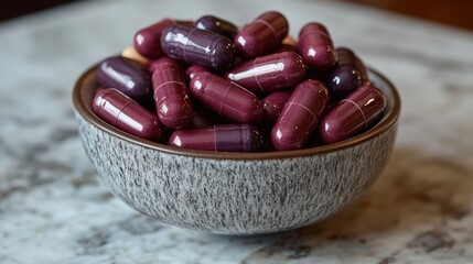 Colorful Gelatin Capsules in a Decorative Bowl on a Marble Surface