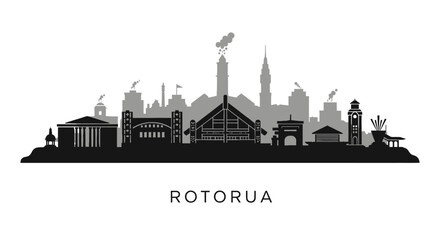 Rotorua Skyline Cityscape Black Silhouette.