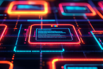 Obraz premium Abstract digital circuit with glowing neon elements and vibrant colors.