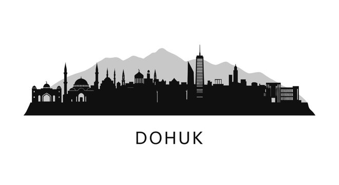 Dohuk with Iraq skyline silhouette, mountains, and landmark.