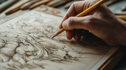 A hand holding a pencil drawing a detailed sketch of a tree on a piece of paper.