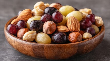 Colorful Assorted Nuts and Dried Fruits in a Wooden Bowl
