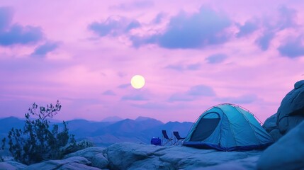 Serene Sunset Camping: A Majestic Mountaintop Tent Under a Lavender Sky
