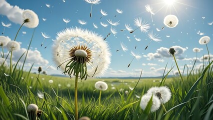Delicate dandelion seeds floating gently in the air, carried by the wind, creating a dreamy, surreal scene with fine details and perfect pixel quality. Ideal for artistic and nature-themed designs.