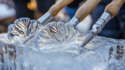 Ice sculptures on a frozen lake with a wooden sculpture knife and a metal ice sculpture knife