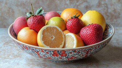 Colorful Bowl of Fresh Fruits Including Citrus and Berries