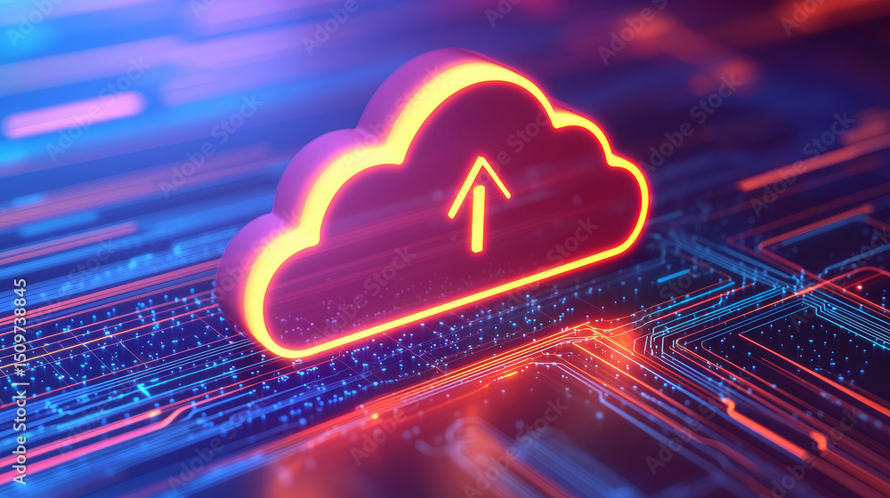 Poster cloud icon with upload arrow on a digital background of circuits.