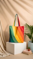 Eye-catching tote bag mockup in vivid colors set against a neutral background, ideal for showcasing brand designs and promotional materials.