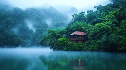 Obraz premium Misty Lake House in Lush Forest