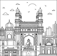 Line art illustration of Hyderabad skyline in square format. Highlights the symmetrical arches of Charminar, domes of the Golconda Fort, the Hussain Sagar Buddha statue