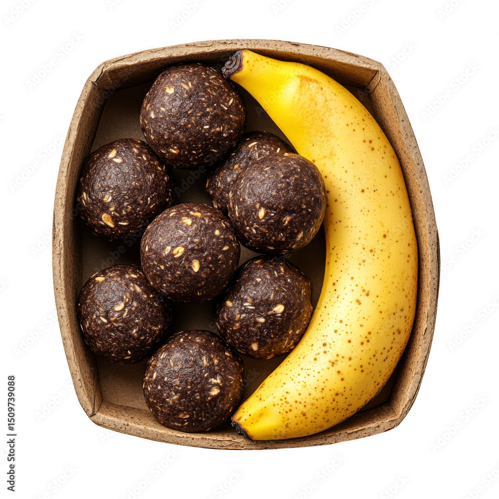 Poster a box contains a ripe banana and several chocolate energy balls arranged neatly side by side.