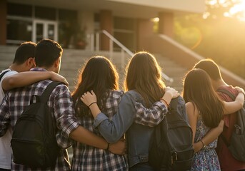 Fototapeta premium School Friends Supporting Each Other at Sunset. Generative Ai