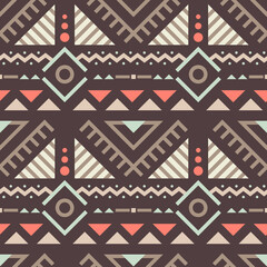 A vibrant tribal pattern featuring geometric shapes in various colors, showcasing intricate designs and cultural motifs