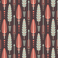 A dark background featuring a repeating pattern of arrows and feathers in various colors