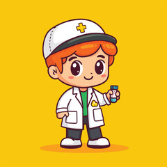 Cheerful Cartoon Boy Doctor Holding a Vial