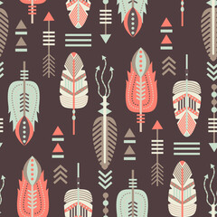 A decorative pattern of arrows and feathers set against a dark backdrop