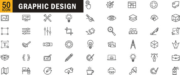 Graphic Design outline icon set. Creative tools, digital editing, vector graphics, elements, art design and more.