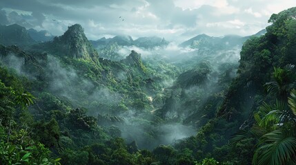 Obraz premium Lush, misty valley nestled amongst towering peaks.