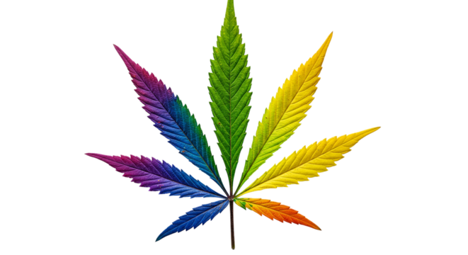 An iconic rainbow cannabis leaf a symbol of pride and freedom stands bold against the void on transparent background