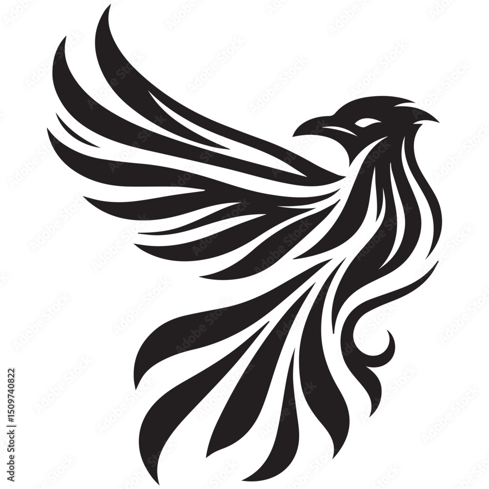Poster stylized black bird with spread wings sharp beak and curved lines on a white background