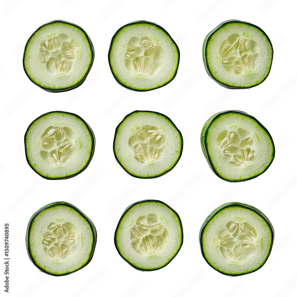 Poster nine cucumber slices arranged in a grid, showing seeds and fresh green edges.