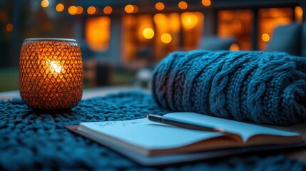 Cozy Evening with Candlelight and Knitted Blanket in Warm Atmosphere
