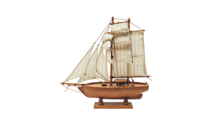 A handcrafted wooden ship model evoking nostalgic adventures of the high seas on a black on transparent background