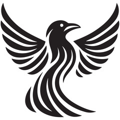 Obraz premium Black bird with stylized feathers in flight against a white background