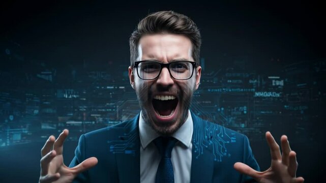 Intense Frustration: A man in professional attire, with a look of intense anger, screams with frustration against a backdrop of blurred digital data.