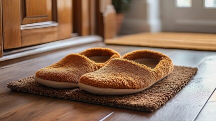 Warm cozy slippers awaiting a comforting return home resting peacefully on a brown doormat beside an inviting doorway