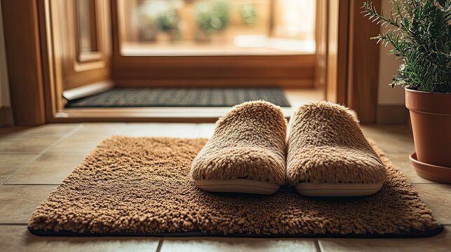 Cozy slippers await by the open door welcoming you home after a long day promising warmth and relaxation with soft