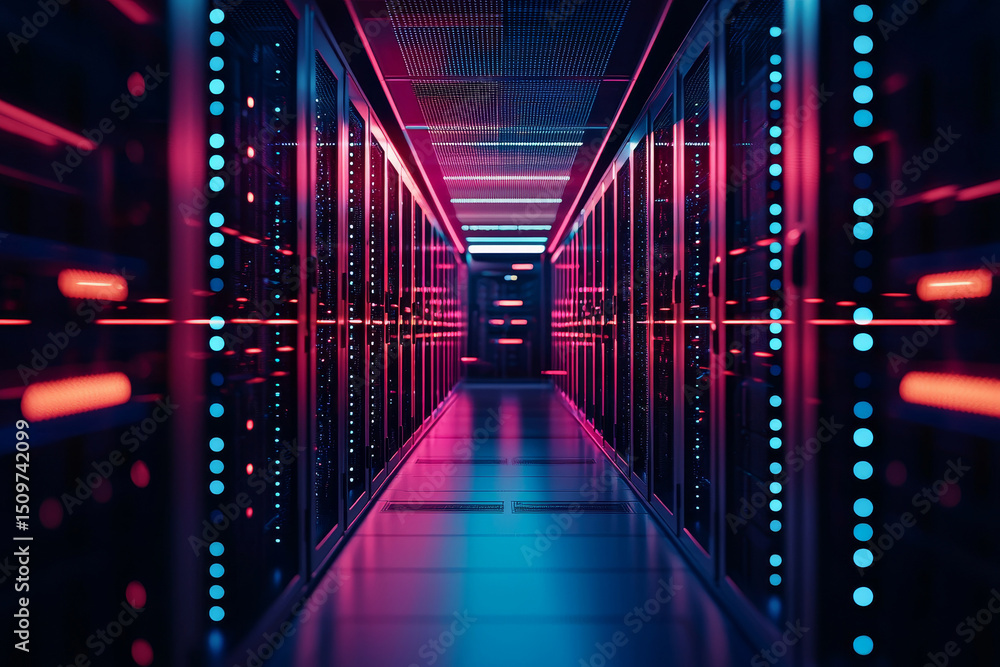 Poster futuristic data center hallway with glowing lights and server racks.