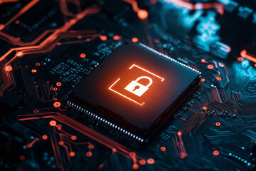 Digital circuit board with a lock symbol representing cybersecurity.