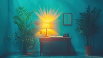 Cozy Home Office Setup with Warm Lighting and Indoor Plants