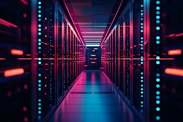 Futuristic data center hallway with glowing lights and server racks.