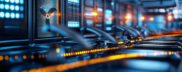 High-tech server room with illuminated equipment and cooling fans.