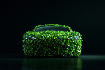 Car covered in greenery, symbolizing eco-friendliness and innovation.