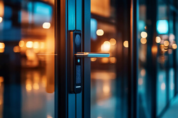 Modern door handle with blurred lights in the background.