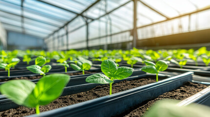 Lush green seedlings growing in a greenhouse environment.
