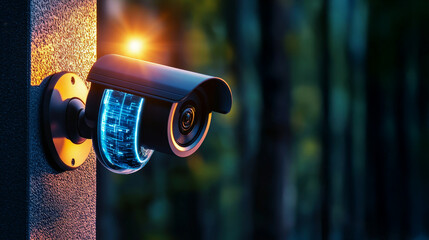 Modern security camera mounted outdoors in blurred nature background.