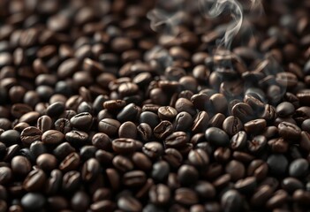 Fototapeta premium Dark roasted coffee beans steaming, aromatic, rich, arabica, bean