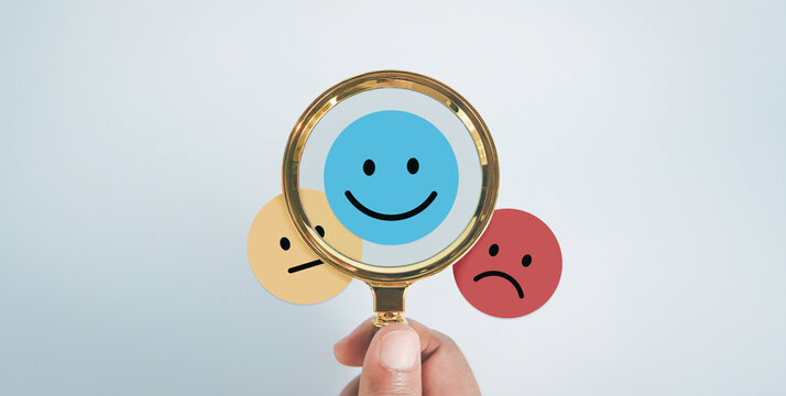 Positive thinking feedback, World mental health day, Magnifying glass focus Satisfied feedback icon, Excellent review result, Customer giving rating for experience or quality product, Opinion survey